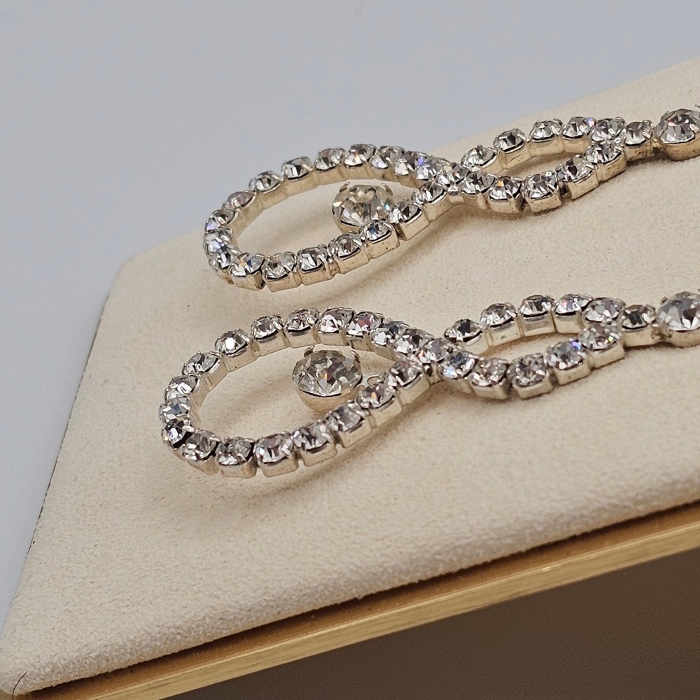 Y2K Clear Crystal Rhinestone Double Teardrop Drop Earrings Formal Bridal Sparkle - Picture 7 of 15